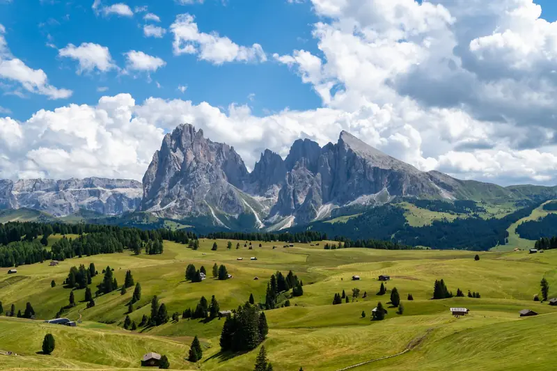 Green meadows of the Seiser Alm with Langkofel and Plattkofel behind